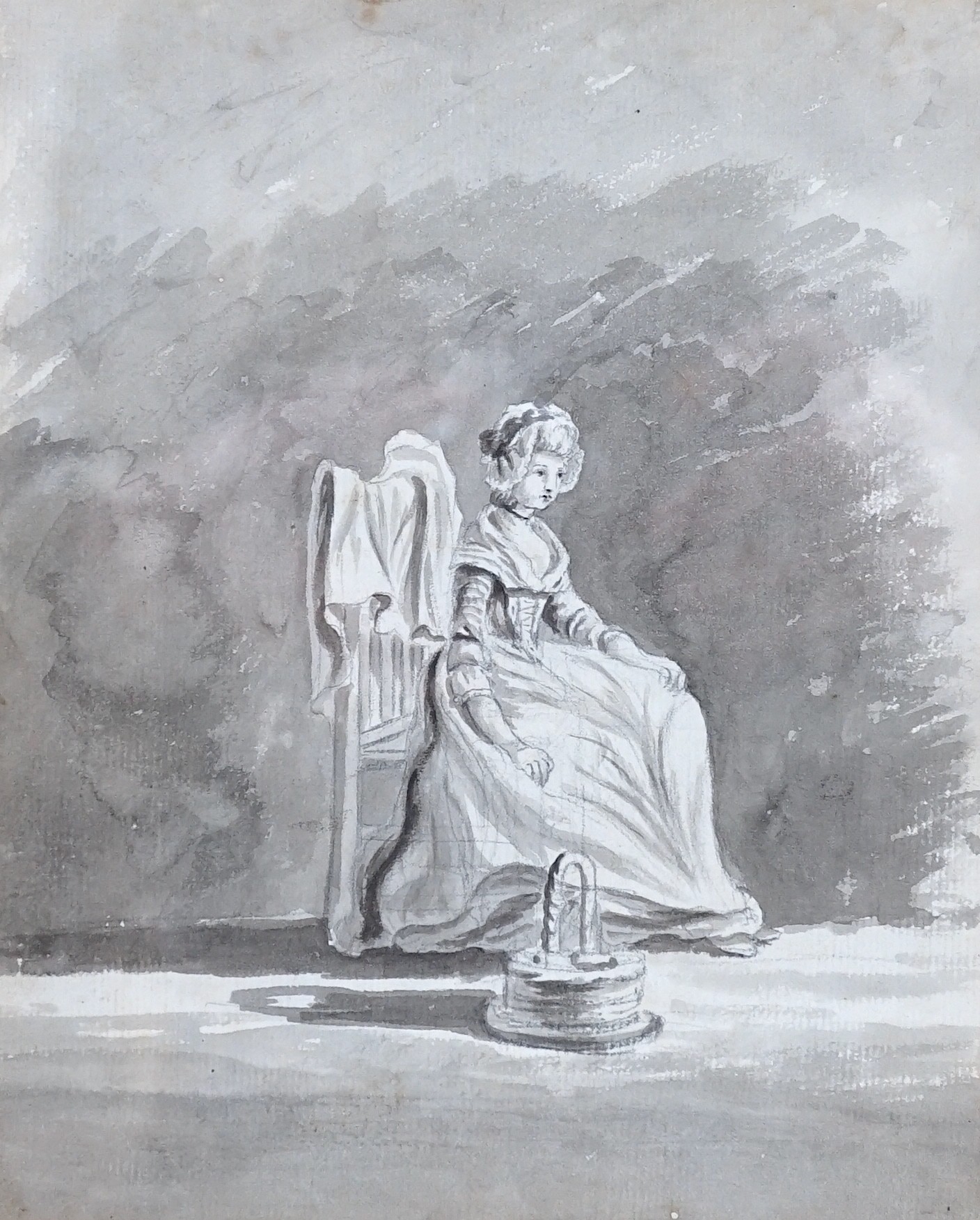 19th century English School, monochrome watercolour, Lady seated in a garden, 18.5 x 15.5cm